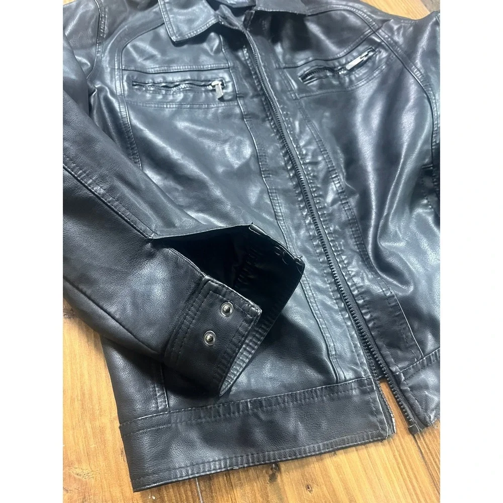 Bleu Grandeur Mens Faux Leather Moto Jacket Black Full Zip Quilted Lining Size M